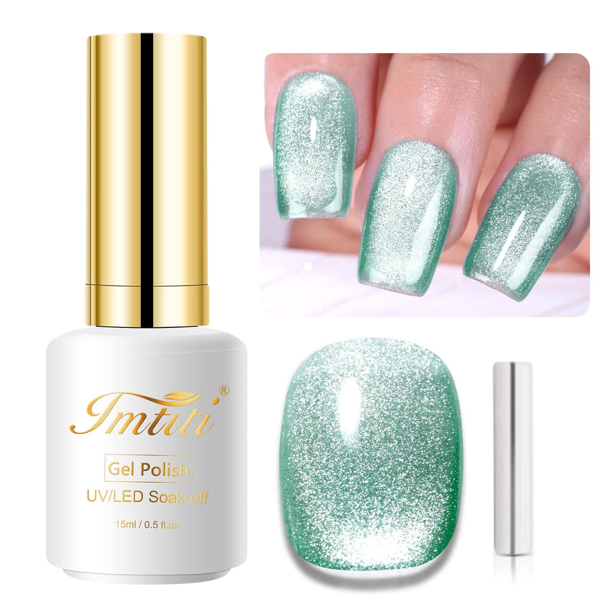 Imtiti Light Green Color Gel Nail Polish, 0.5 fl oz Holographic 9D Cat Eyes Glitter Magnetic Gel Polish with Magnetic Stick for Nail Salon