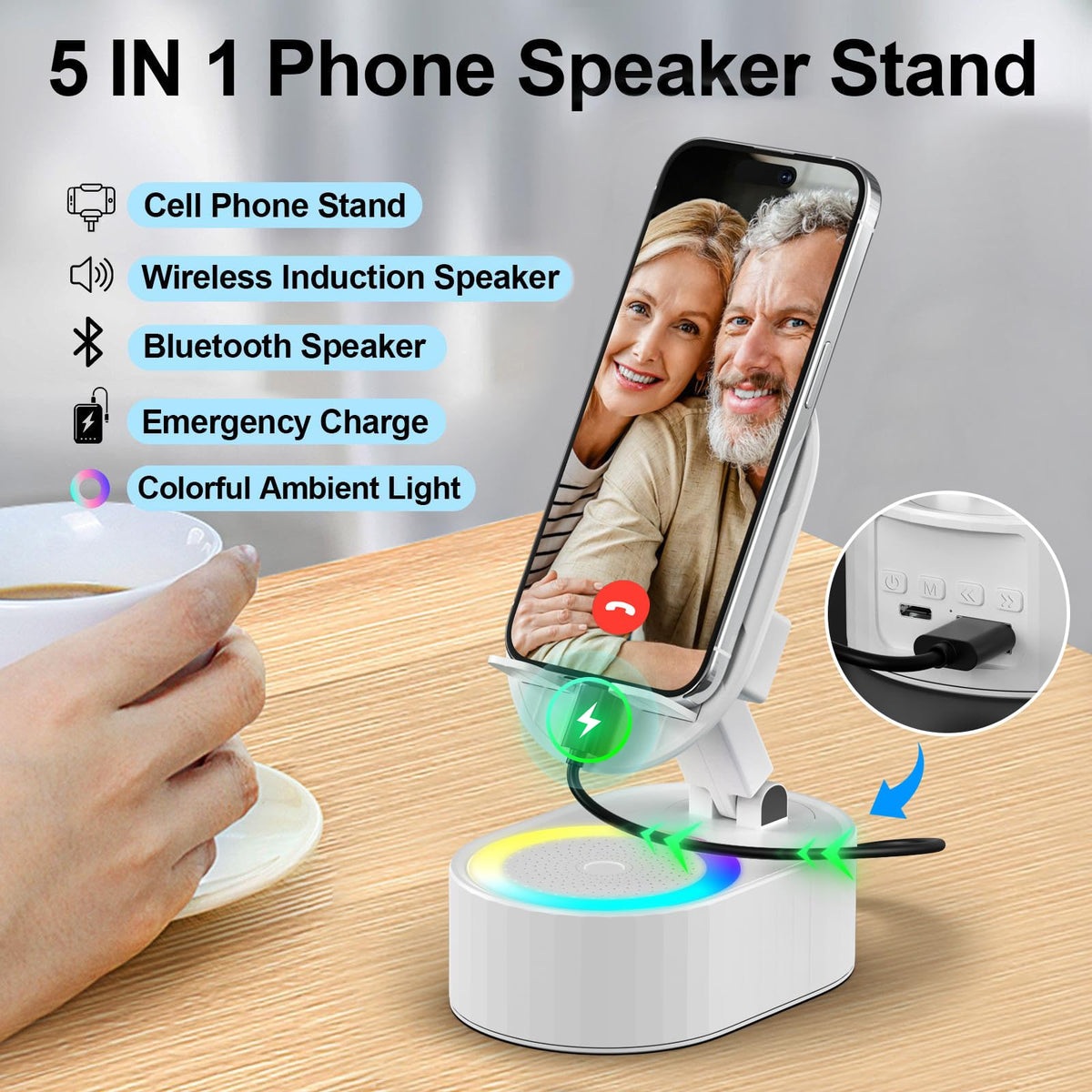 AKLLCCR Wireless Induction Audio Bluetooth Speaker 5in1 Phone Holder Emergency Rechargeable (3000mAh) with Colorful Ambient Light 300° Foldable for Tablet iPhone Android, Gifts for Men Women (White)