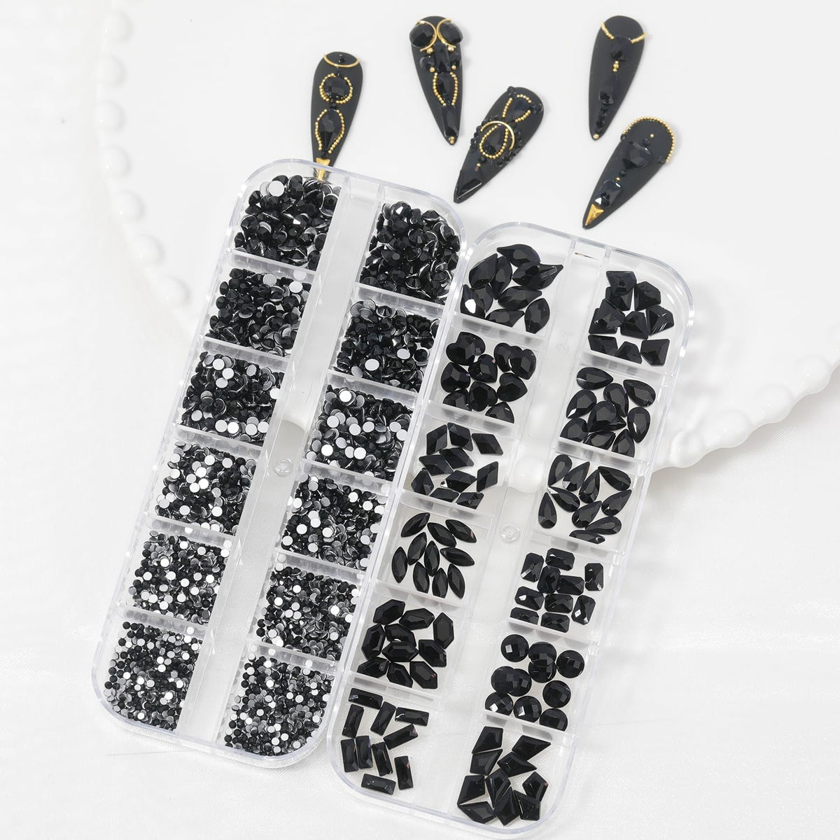 Nail Rhinestones - 3D Multi Shape Size, Flat Back, Manicure Rhinestones Charms, Crystal Black Gems, with Kit, for Nail Art, Bedazzling Acrylic Nails, DIY Decor