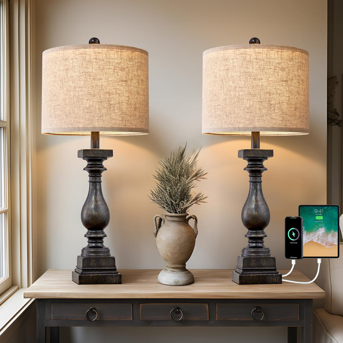BOBOMOMO 27" Farmhouse Table Lamp Set of 2 with USB A+C for Bedroom Living Room Vintage Rustic Traditional Nightstand Bedside Lamps Retro Side Table Lamps (Black)