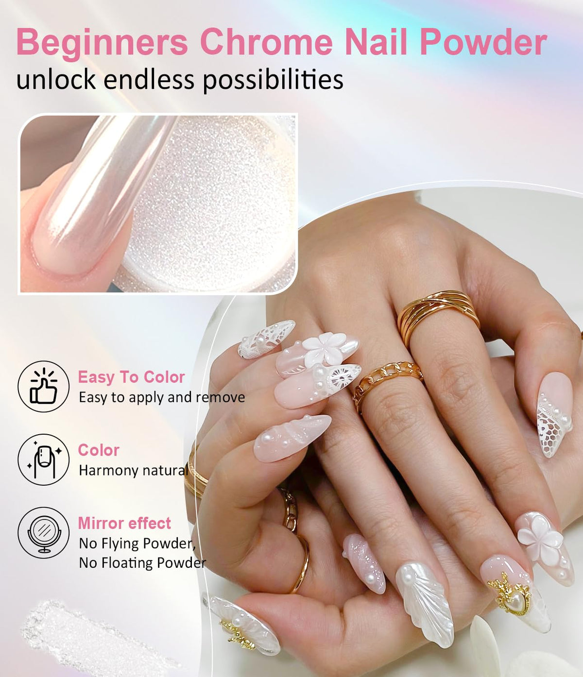 Gold Chrome Nail Powder 24K Mirror Effect BISHENGYF - Pink Gold Nail Chrome Powder Aurora Mermaid Mirror Effect Powder, White Pearl Iridescent Holographic Metallic Pigment Dust for Nail Art Decoration