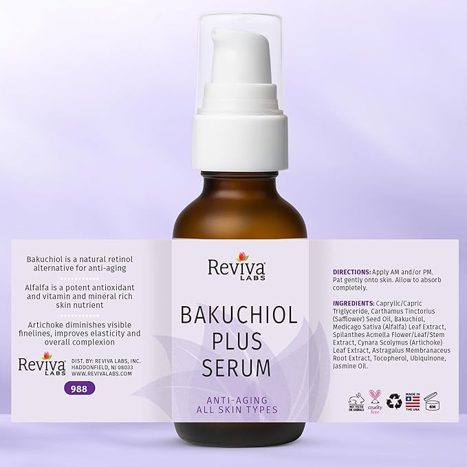 Reviva Labs Bakuchiol Serum – Natural Retinol Alternative Serum for Face with Alfalfa & Artichoke Extract – Hydrating Vegan Formula for Smoother, Firmer, Radiant-Looking Skin – 1 Fl Oz