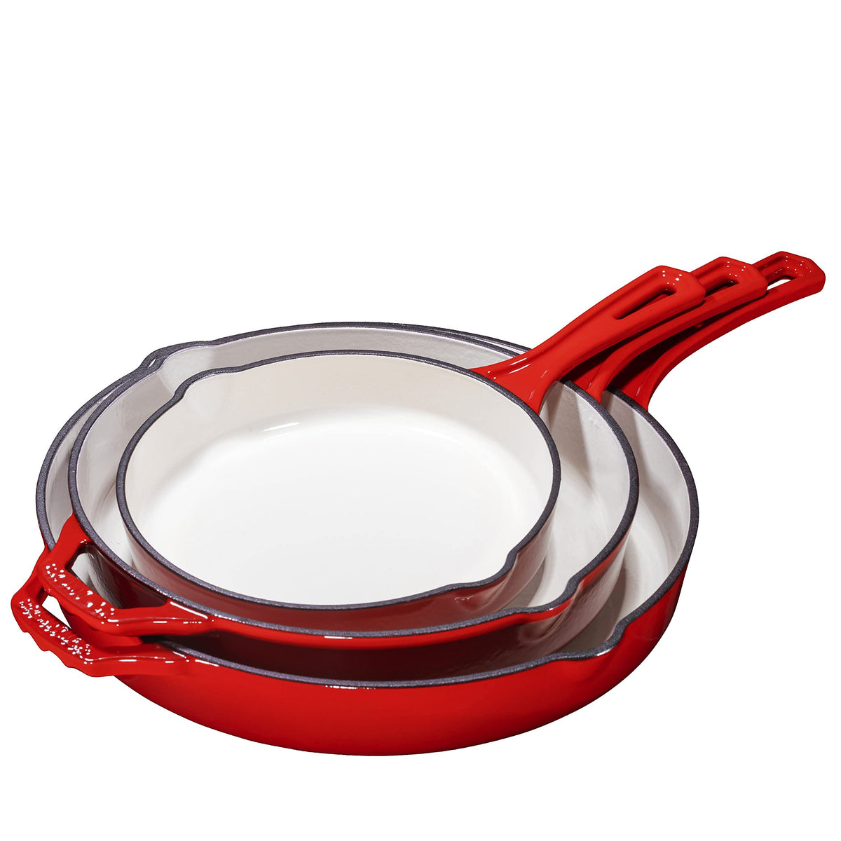Bruntmor Enameled Cast Iron Skillet Set of 3-8, 10, and 12-Inch Non Stick Frying Pans with Tempered Glass Lids - Versatile Cast Iron Cookware Set for Casserole - Grill Pan for All Stovetops - Red