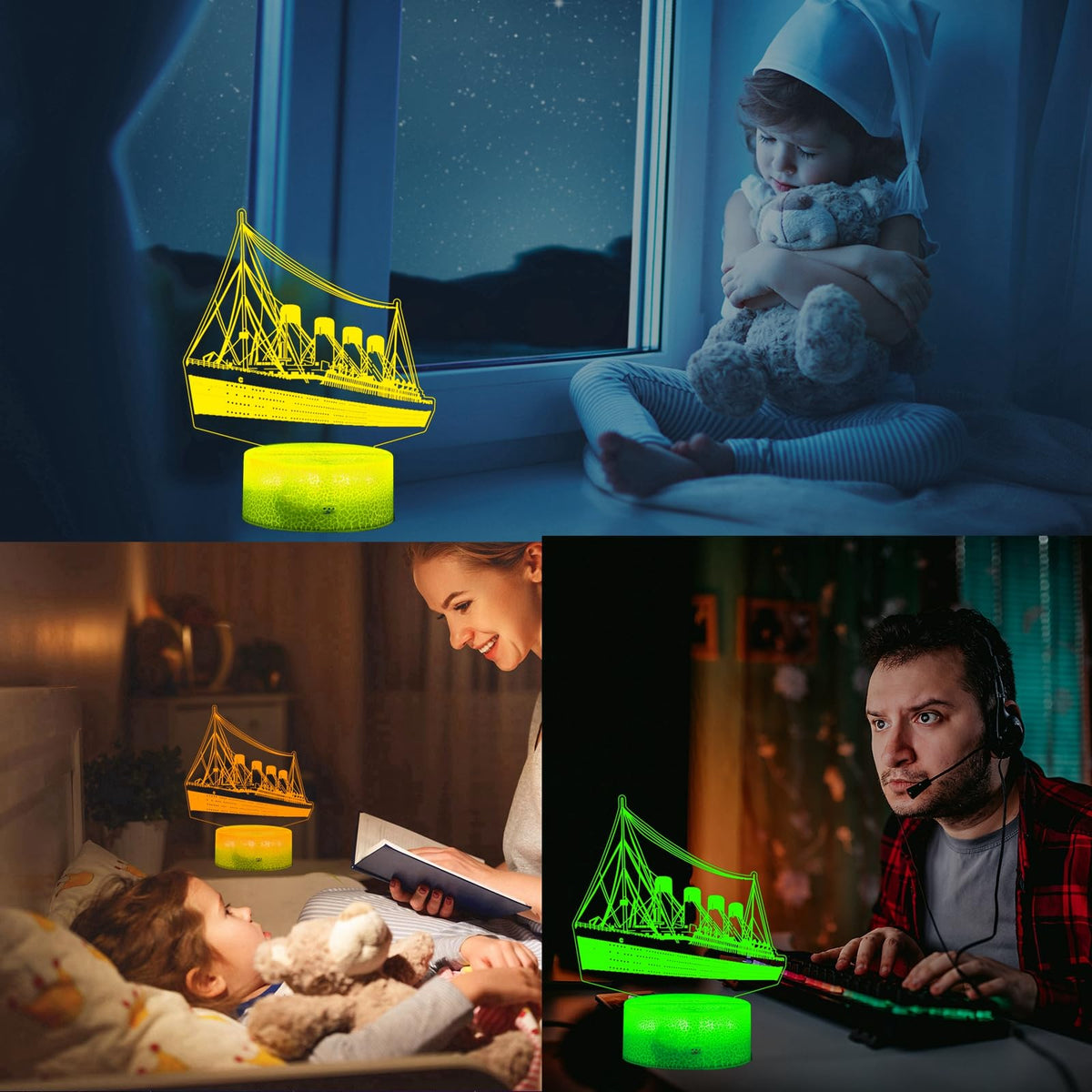 Ship 3D Night Light, Cruise Lamp for Kids with Remote Control 7 RGB Color Timer, Cool Toys Model, 3D Lamp Gift for Boys Girls Room, Birthday Xmas Christmas Gifts for Kids