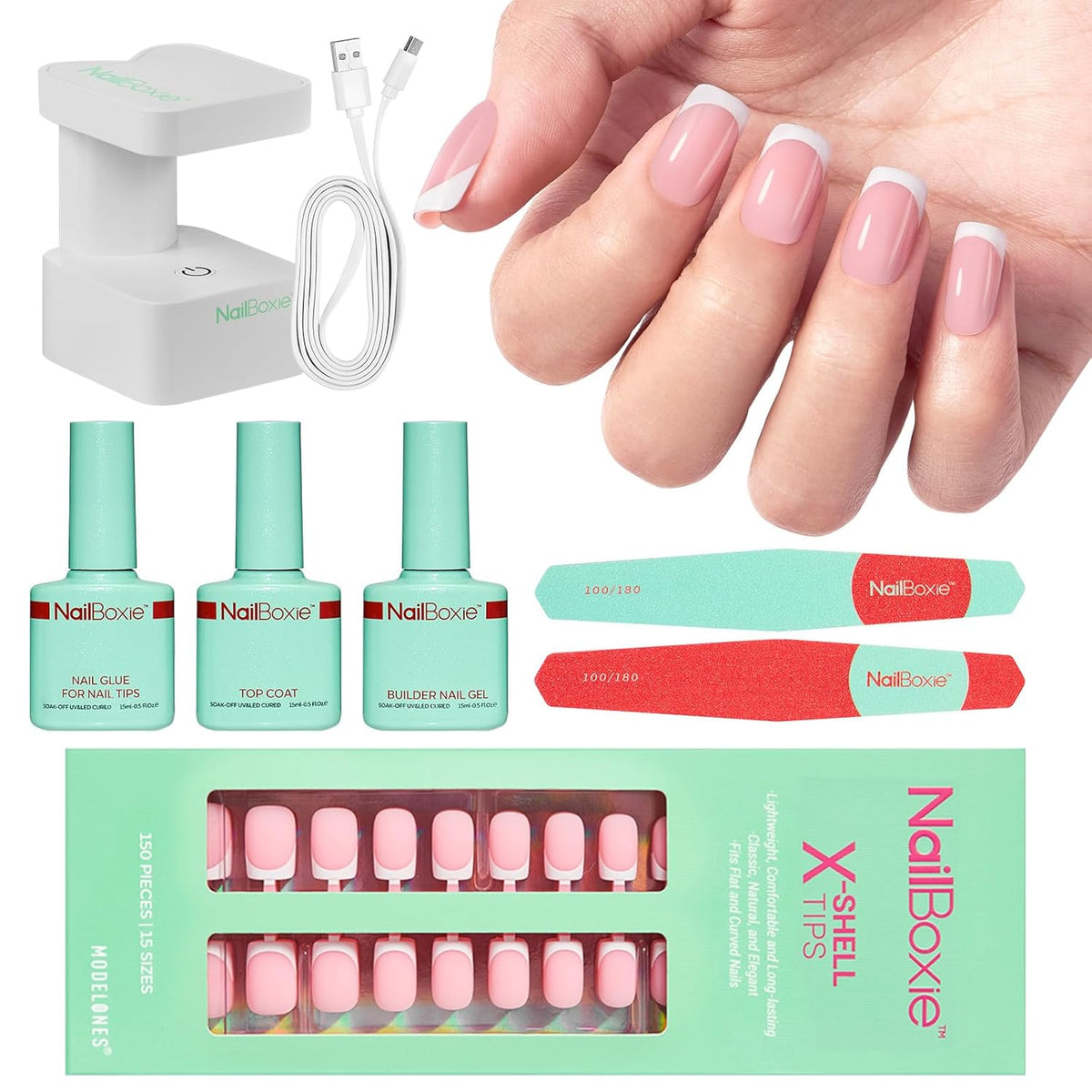 Modelones Press On Nails Kit with Top Coat Nail Glue for Nail Tips Builder Nail Gel 160 PCS Short Brown Square French Tip Press on Nails with LED Light for Easy DIY Nail Art Kit