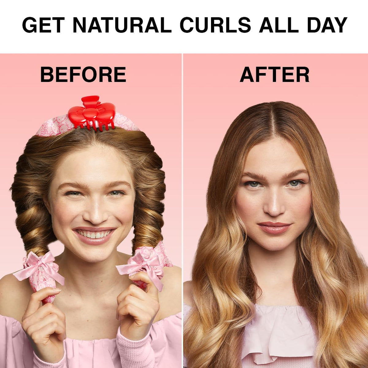 Hello Kitty x Kitsch XL Satin Heatless Curling Set- Heatless Hair Curler To Sleep In for Frizz-Free & Soft Curls, Comes with Bow Shape Design Hair Claw and Satin Scrunchies, Gifts for Women, 4pc Set