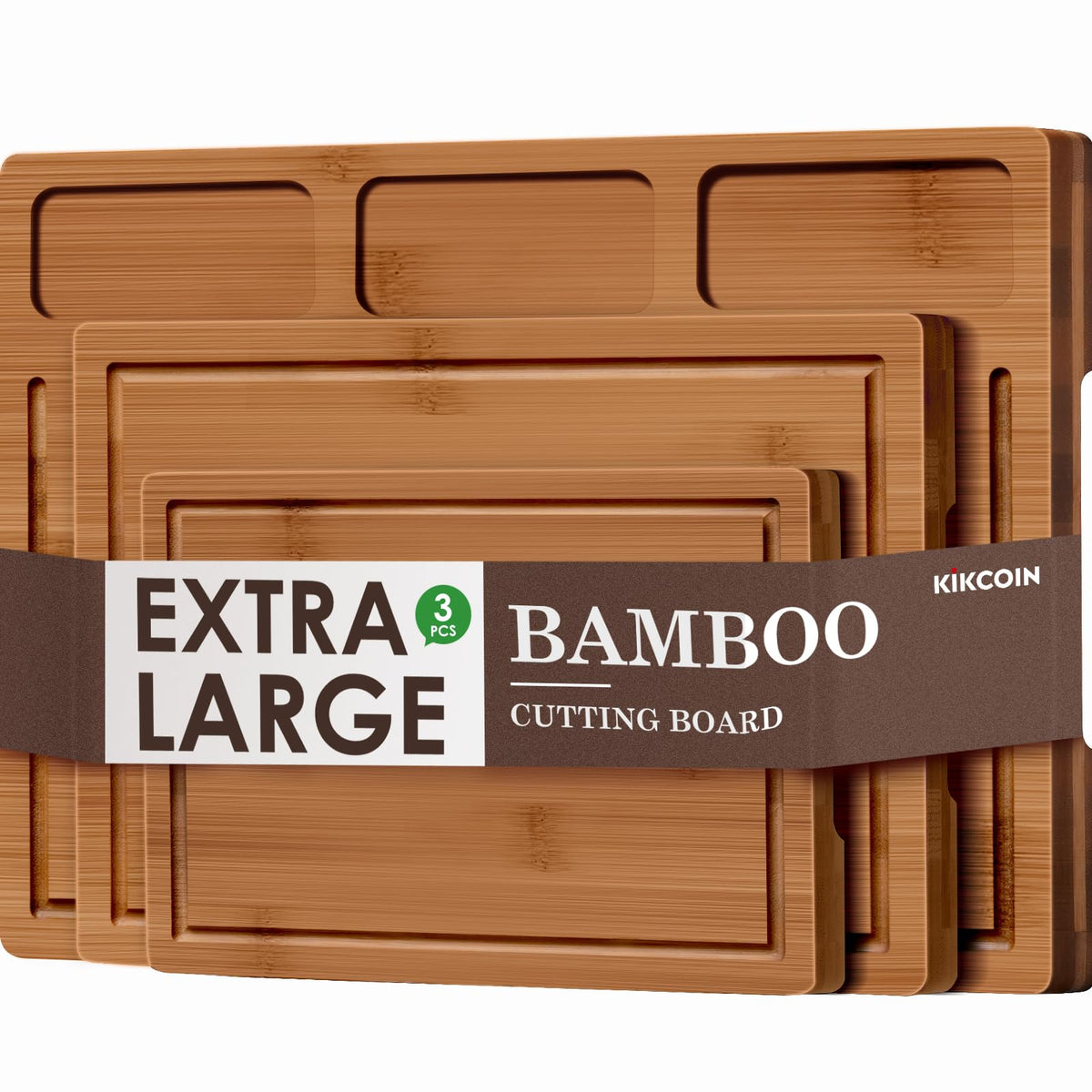 Bamboo Cutting Boards for Kitchen, (Set of 3) Kitchen Chopping Board with 3 Built-In Compartments and Juice Groove Heavy Duty Serving Tray Wood Butcher Block and Wooden Carving Board, Kikcoin