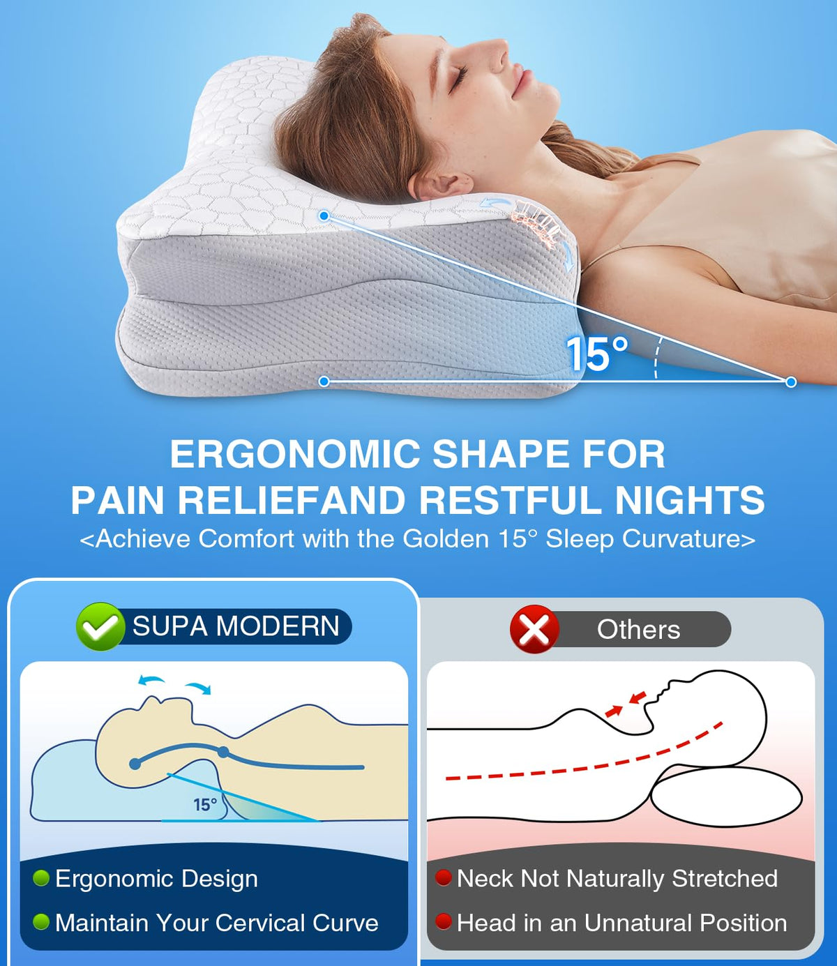 SUPA MODERN Cooling Cervical Neck Pillow for Sleeping, Contour Cool+ Side Sleeper Pillow for Adults, Ergonomic Memory Foam Orthopedic Neck Pain Relief, Stomach Sleeping with Luxury Cool Cover