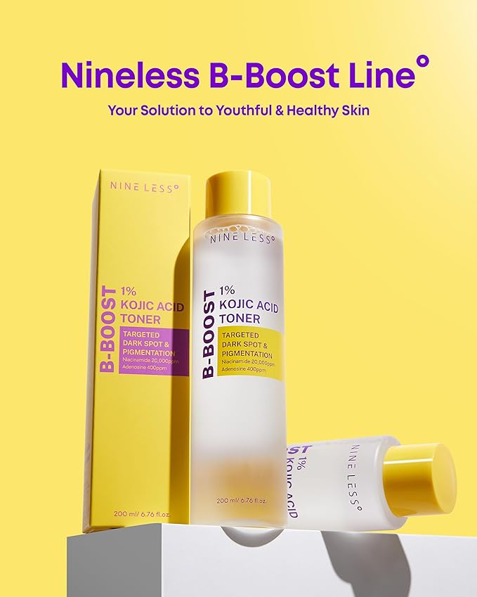 NINELESS B-Boost 1% Kojic Acid Toner with 2% Niacinamide for Dark Spot Correction - Korean Skincare for All Skin Types - Formula with Adenosine & Probiotics - 6.76 fl. oz.