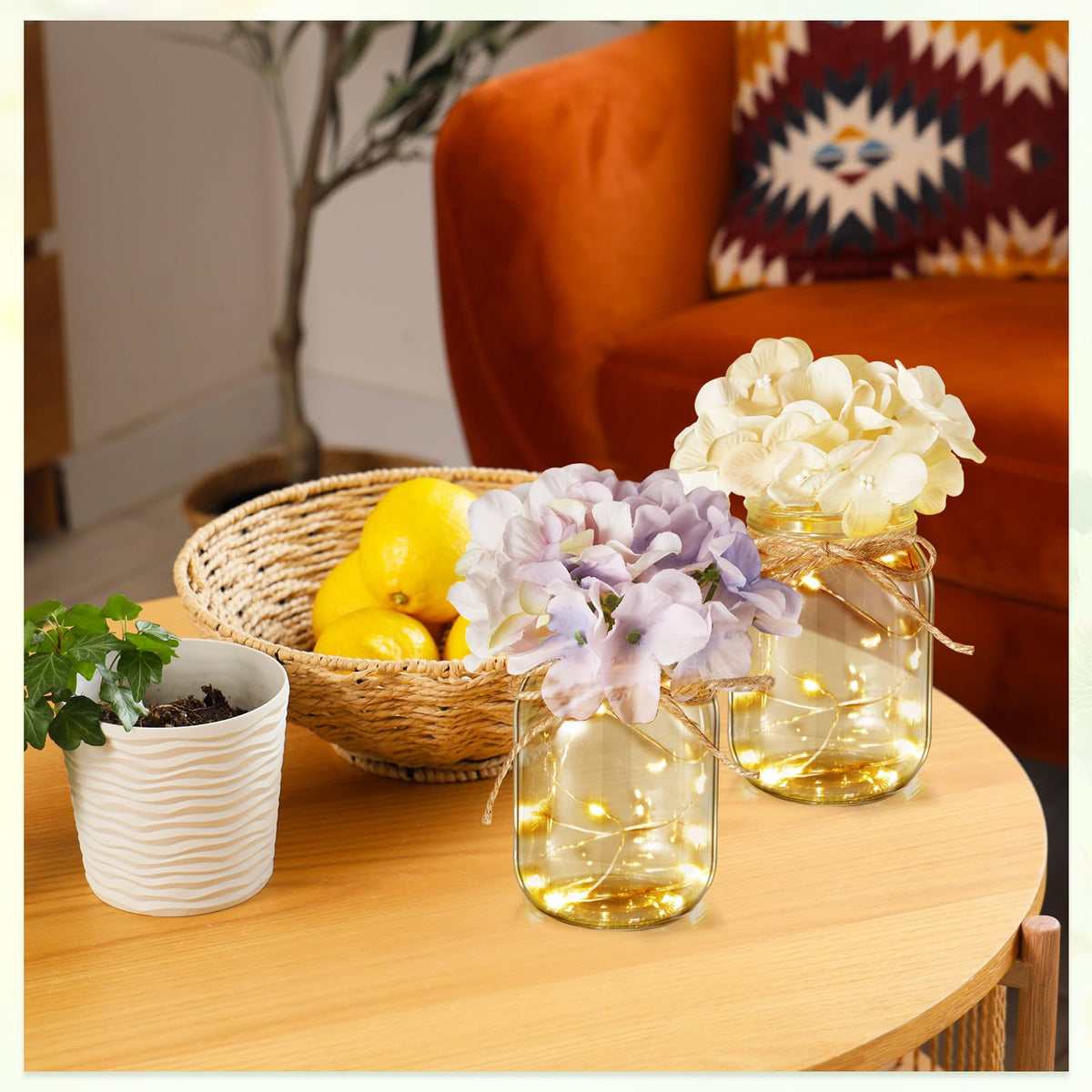 Chunful 6 Pcs Glass Mason Jar with LED Lights for Table Centerpiece Decorations Set Clear Rustic Farmhouse Coffee Table Decor with LED Lights for Wedding Dining Room Kitchen Decor