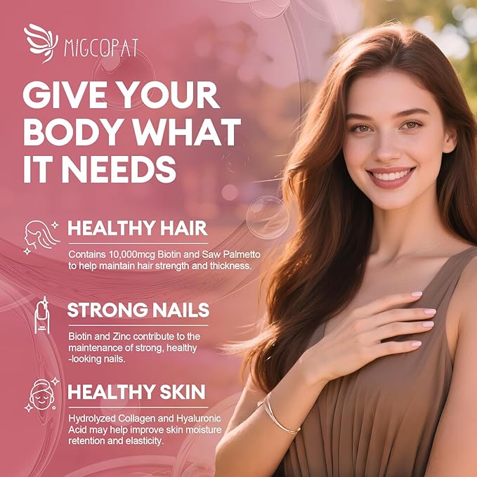 25-in-1 Formula Hair, Skin & Nails Supplement with Biotin 10,000mcg, Collagen, Vitamin B, C, D3, E, Folate, Iron for Women