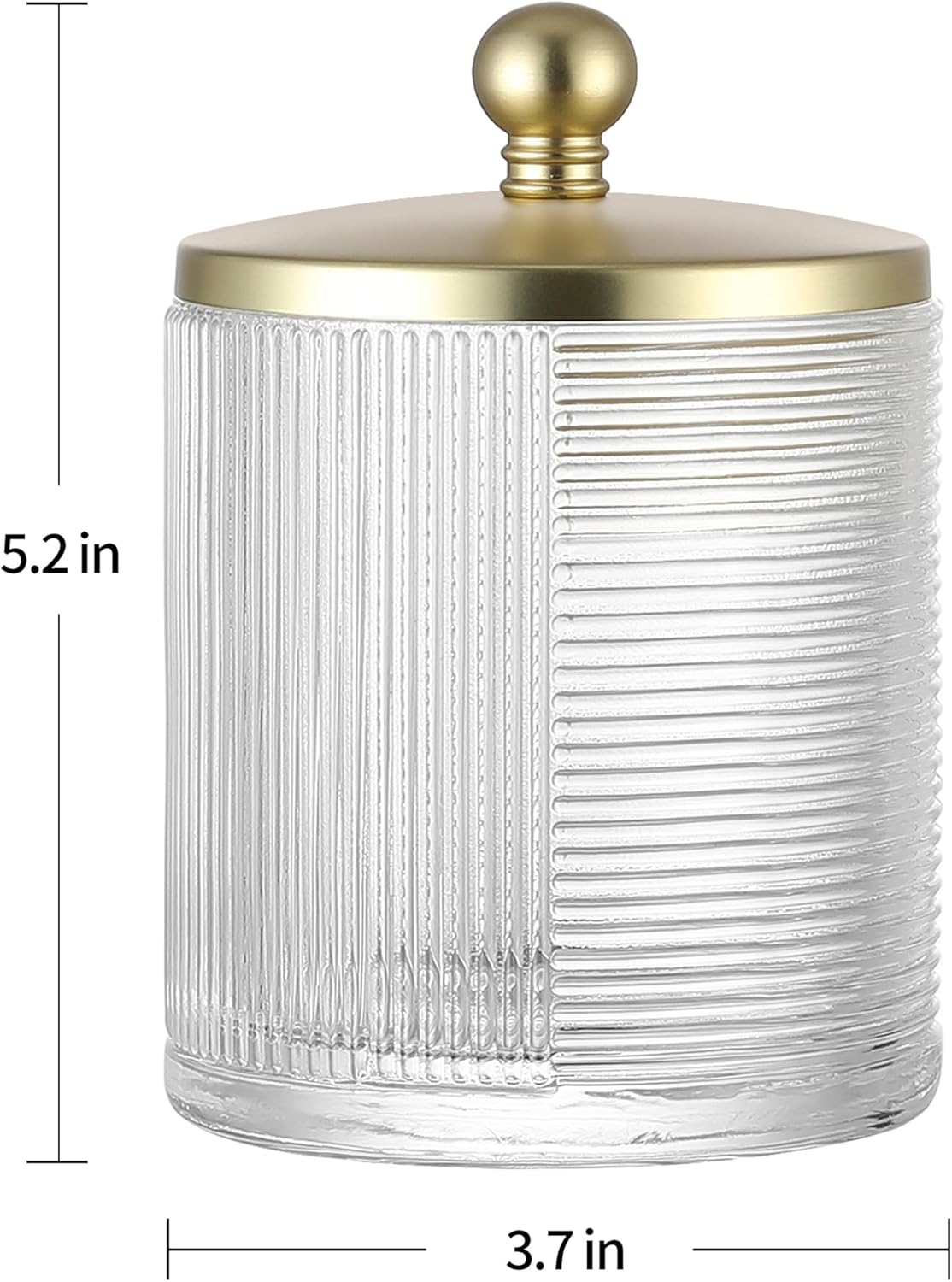 Glass Cotton Jar Holder Matte Gold Lid, Elegant Bathroom Storage Canister for Qtips, Cotton Balls, Floss, Makeup Organizer, Vanity Bathroom Organization