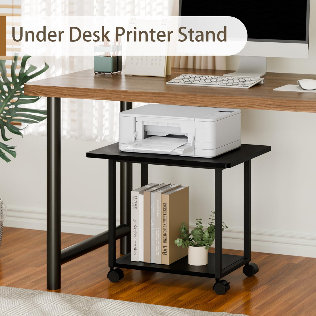 MARTY 22"x15.75" Large Under Desk Printer Stand with Storage Shelf 2-Tier Rolling Printer Cart with Wheels Printer Table for Home Office Heavy Duty Storage Rack for Scanner Fax Machine, Black