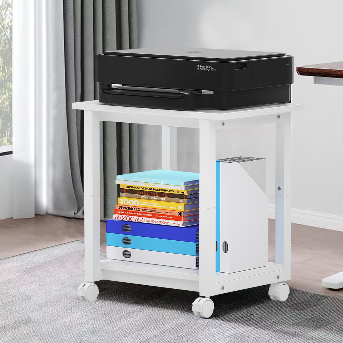 ITHWIU Under Desk Printer Stand, 2-Tier 19.5''x 16''x 22'' Rolling Printer Stand Storage Shelves for Printer, Scanner, Fax Machine, Files, Books with Anti-Skid Feet for Home, Office, White