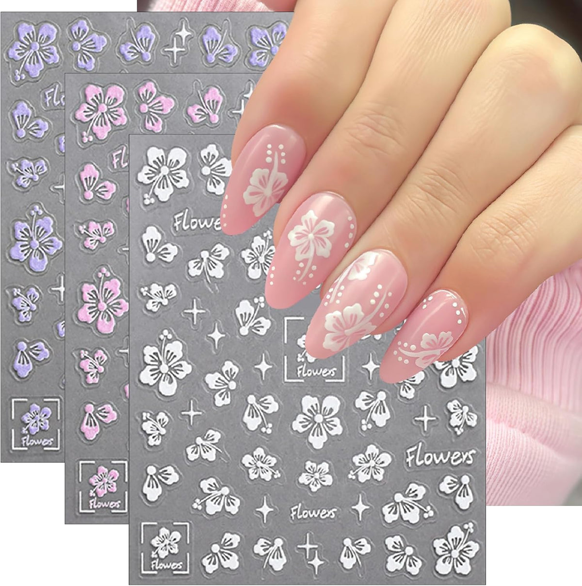 Flower Nail Stickers 5D Embossed Hollow Out Flower Nail Decals Pink Purple White Floral Designs Summer Cute Flowers Decals Pegatinas Uñas for Women DIY Manicure Decoration Accessories 3Sheets