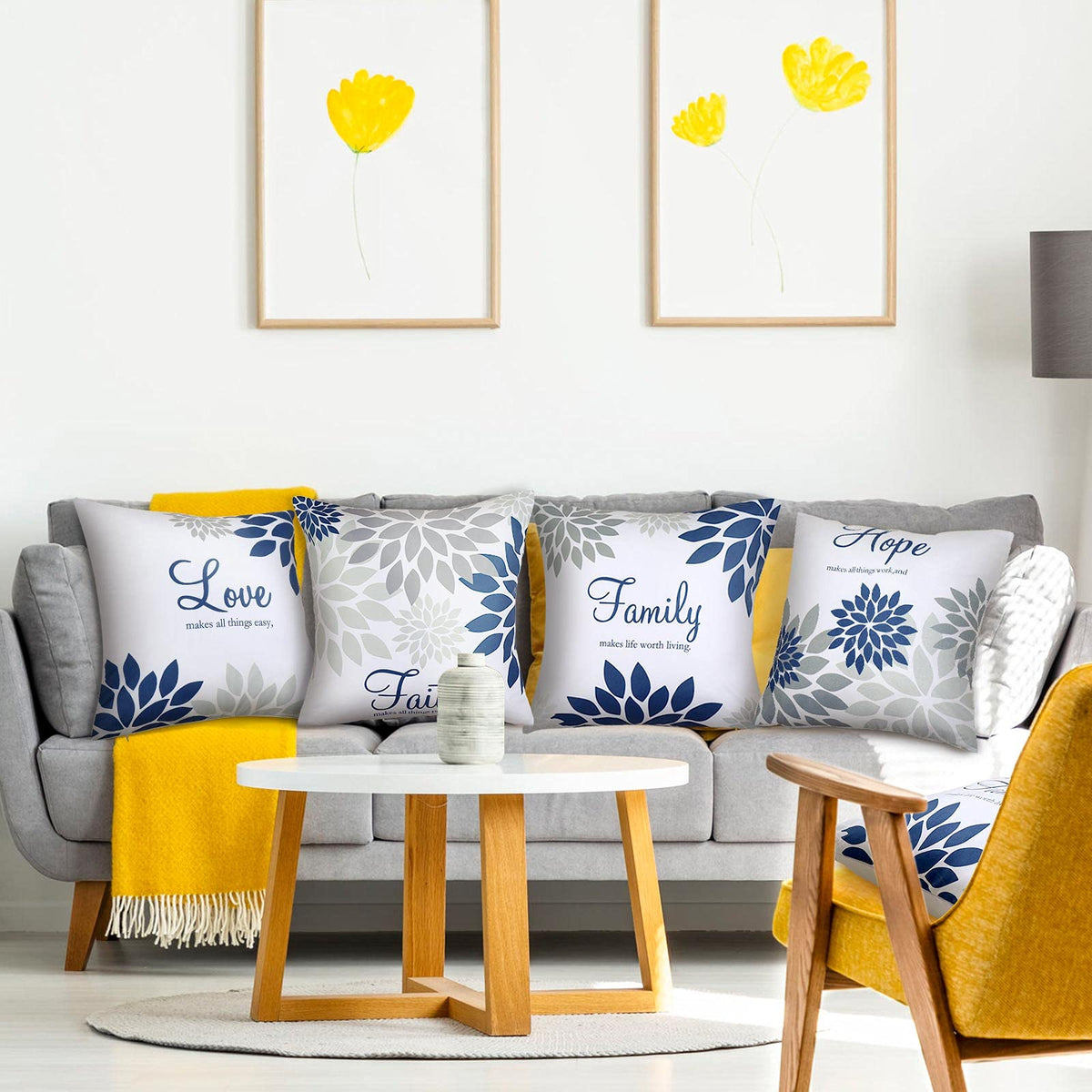 Tatuo 4 Pcs Yellow Flower Navy Pillow Covers Square Pillow Cushion Cases 18x18 Inch, Family Faith Hope Love Words Decorative Spring Summer Cushion Case for Sofa Bed(Gray Series)