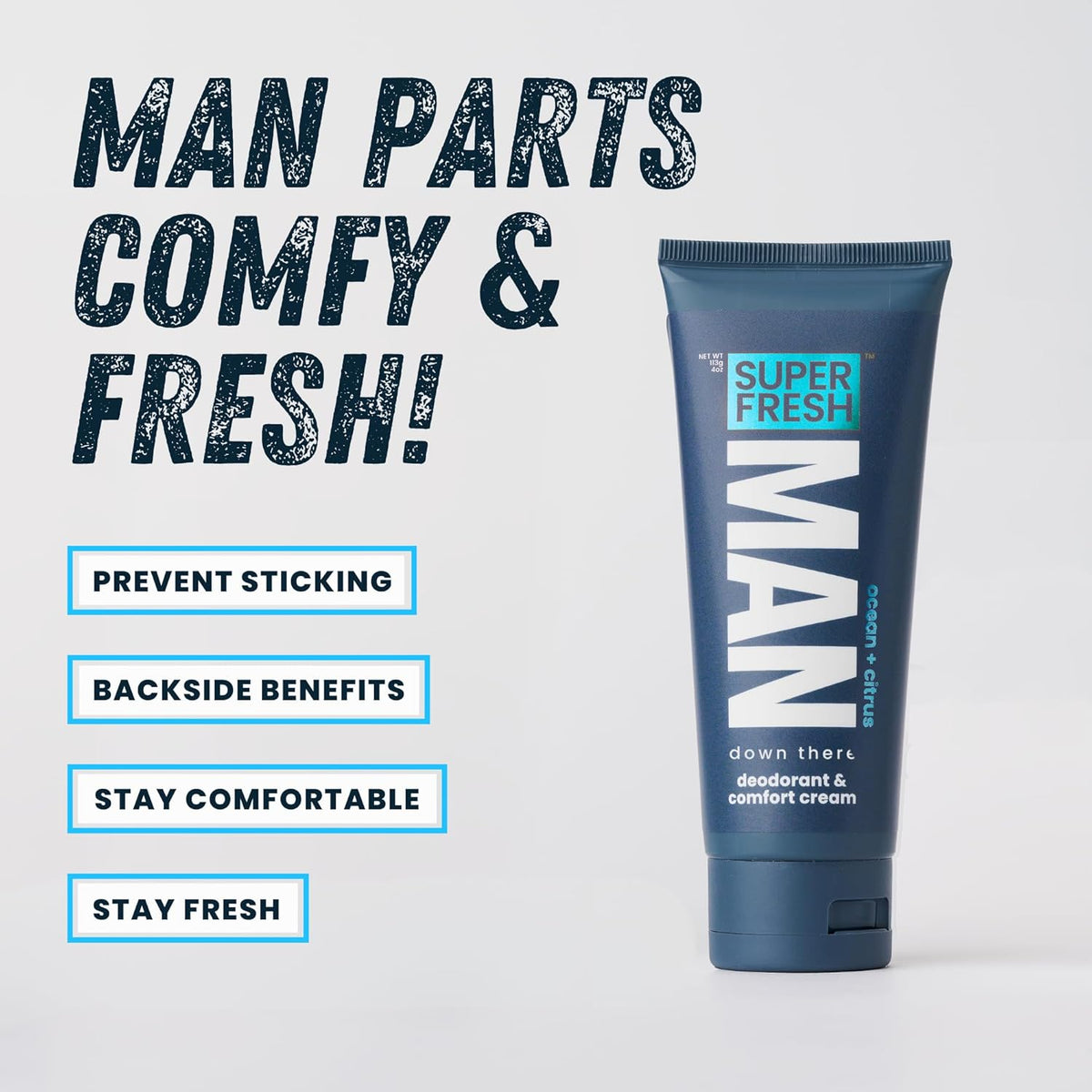 Super Fresh Ball Deodorant Lotion for Men Groin Butt and Body Hygiene Cream Controls Odor Prevents Chafing Aluminum Free Daily Freshness and Comfort Powder Lotion Formula in Convenient 4 oz Tube