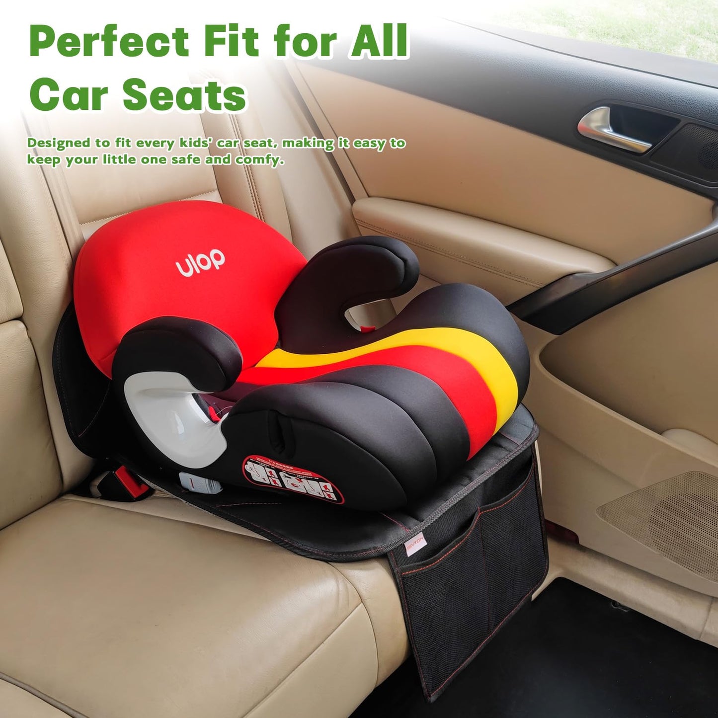 Siivton Kids Booster Seat Protector Mat, Thick, Anti-Slip, Waterproof, with Mesh Pockets for Toys & Snacks, Fits Most Cars, Black - 2 Pack