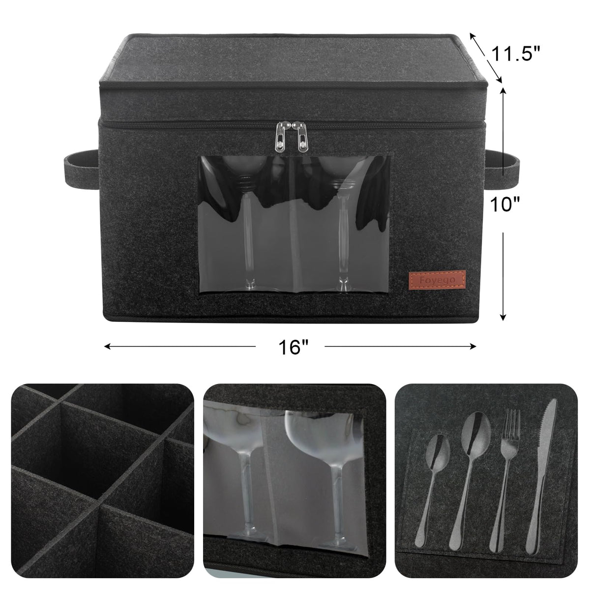 Foyego 2 Pack Wine Glass Storage Box with Dividers, Stemware Storage Containers for Packing and Moving, China Storage Containers Box for 12 Crystal Glassware, Wine Glasses, Drinkware,Dark Gray