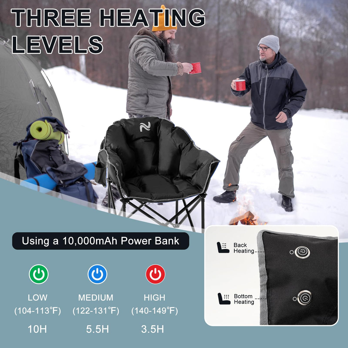 MOPHOTO Heated Camping Chair, Portable Heated Camping Chairs Outdoor, Padded Oversized Heated Folding Chairs Outdoor Sports, Heating Lawn Chair Patio Lounge Chairs for Adults