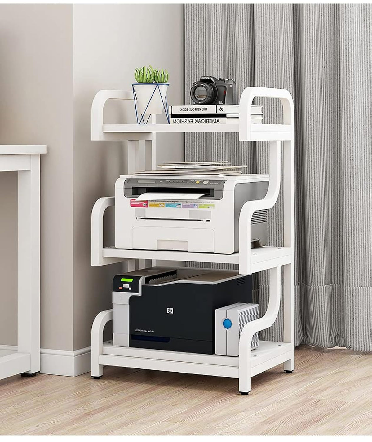 Natwind 3-Tier Printer Stand with Wheels Movable Storage Cart Floor-Standing Multi-Purpose Shelf Rack for Media Player Scanner Files Books Microwave Oven in Kitchen Living Room Home Office (White)