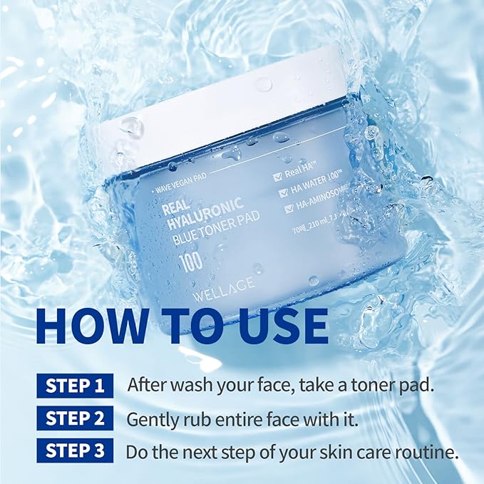 WELLAGE Wellage Real Hyaluronic Blue 100 Toner Pad for Deep Hydration and Gentle Exfoliation - Korean Daily Moisturizing and Soothing Facial Pads with High Purity of Hyaluronic Acid, 70pads