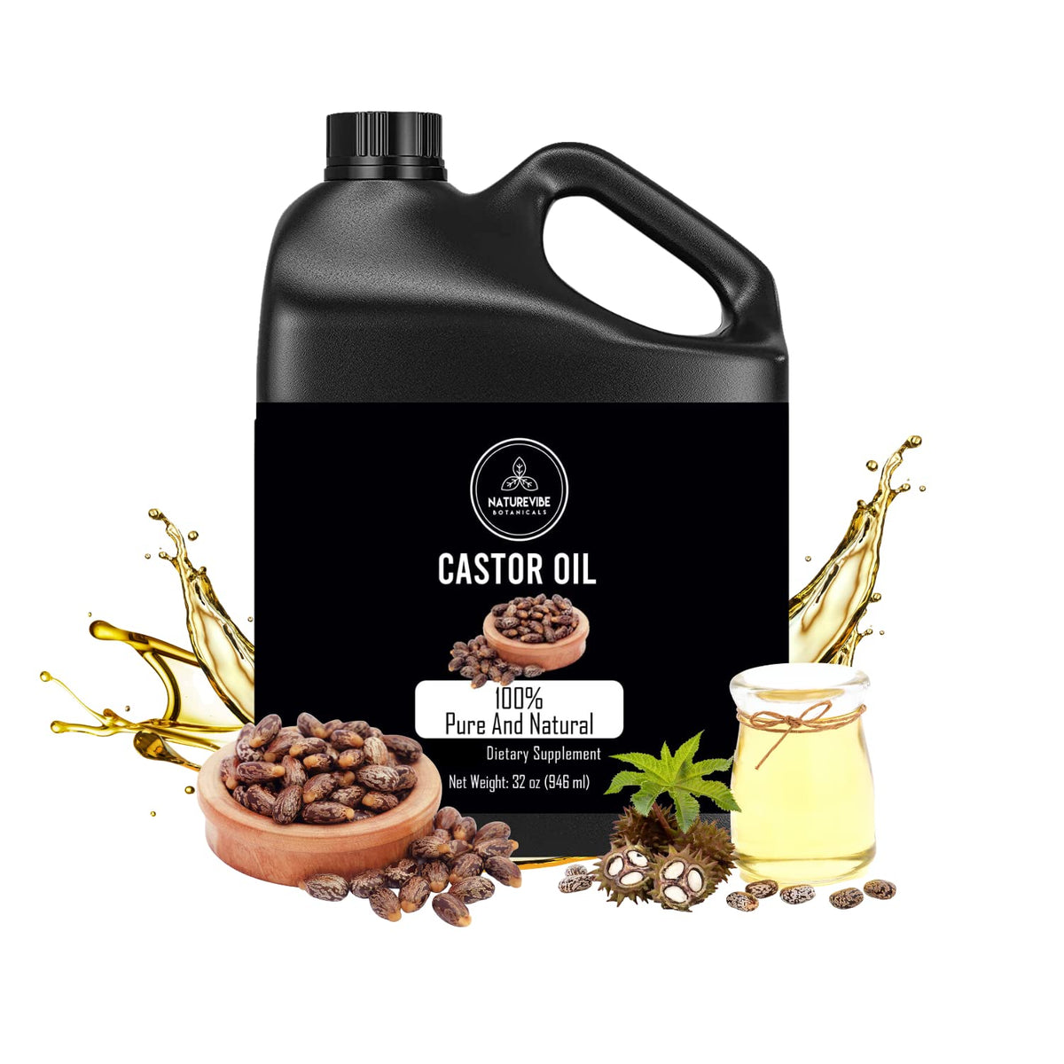 Naturevibe Botanicals Castor Oil 32 Ounces | 100% Pure and Natural | Great for Skin Care and Hair Care | Hexane Free Unrefined Oil for Enhanced Eyebrows and Eyelashes 32 Fl Oz | 946ml