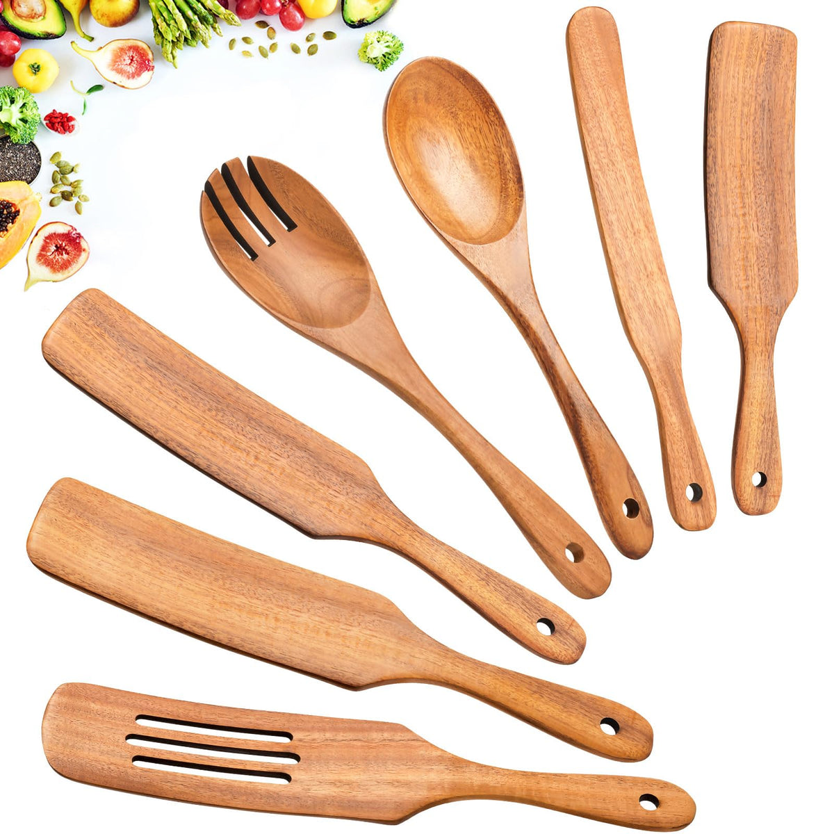 Spurtles Kitchen Tools Wooden, 7Pcs Wooden Spoons for Cooking, Natural Premium Spatula Set, Heat Resistant Cooking Utensil for Nonstick Cookware, Spurtle for Sourdough Starter