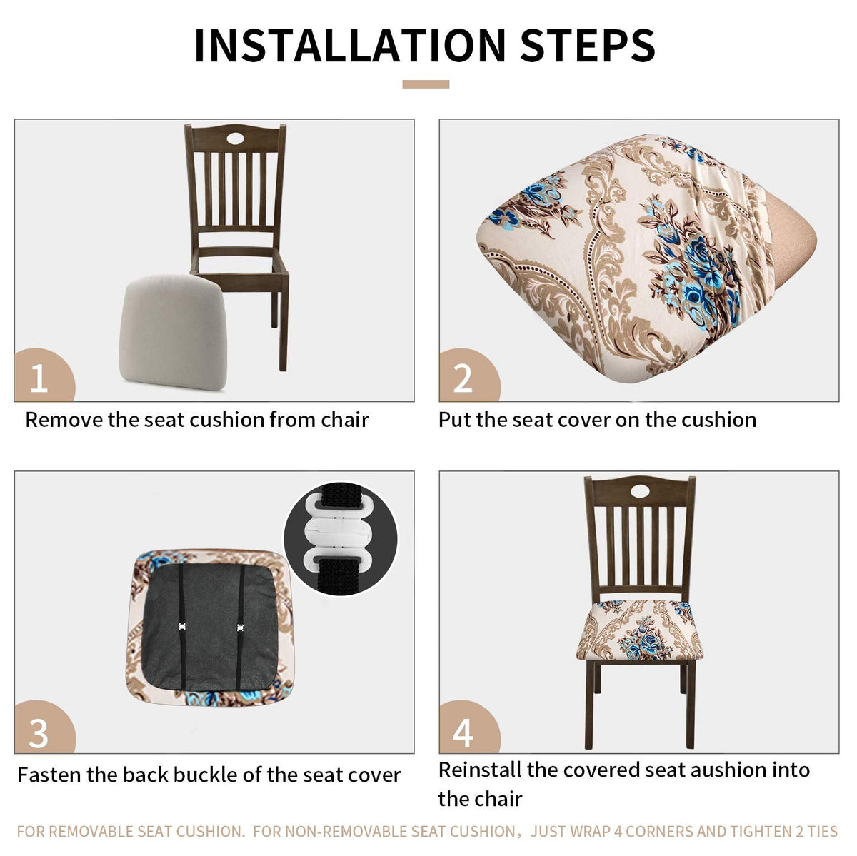 Gute Stretch Printed Chair Seat Covers with Elastic Ties and Button, Removable Washable Dining Upholstered Chair Protector Seat Cushion Slipcovers for Dining Room, Office,Gold 4 Pack
