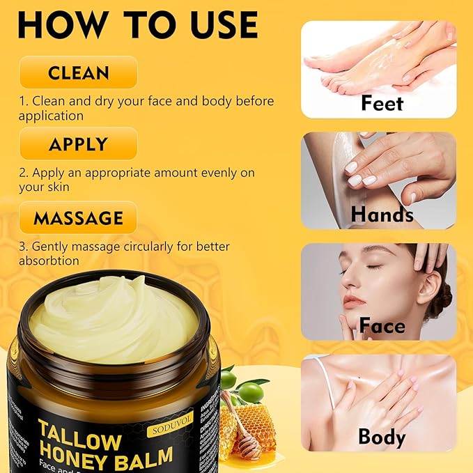 Organic Beef Tallow for Skin, Face & Body Moisturizer, Whipped Tallow Honey Balm Cream with Raw Honey, Grass Fed Cow Beef Tallow, All Natural Pure Body Lotion for Soft Smooth Skin, Unscented 4.2 OZ
