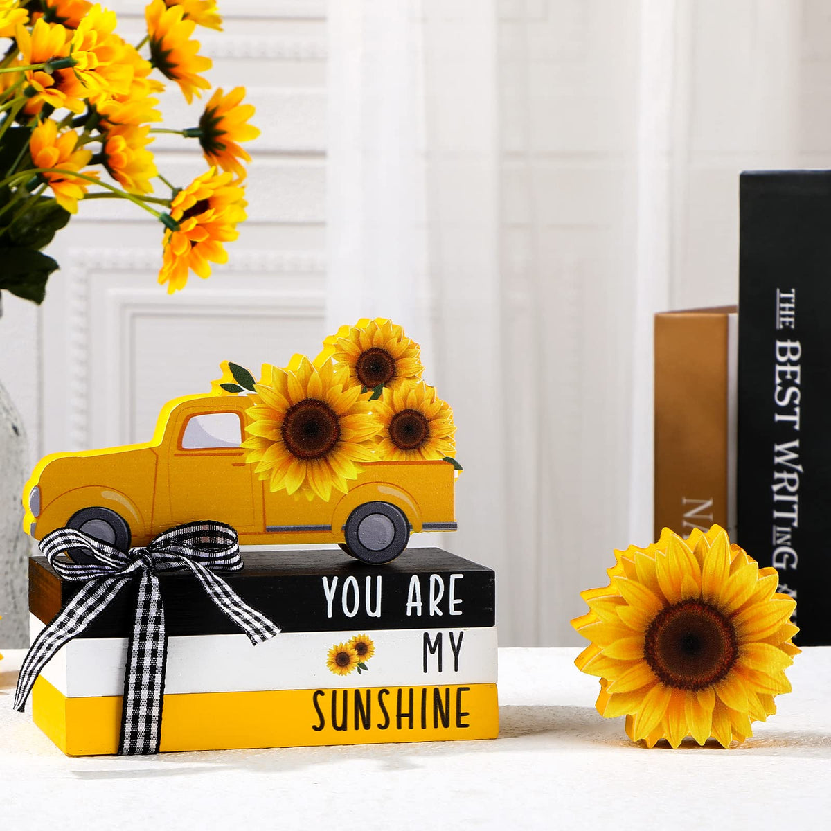 Yookeer 5 Pieces Farmhouse Tiered Tray Decor Items Rustic Wooden Mini Truck Bundle Books Stack Sign for Summer Spring Home Harvest Table Shelf Decorations(Sunflower Style)