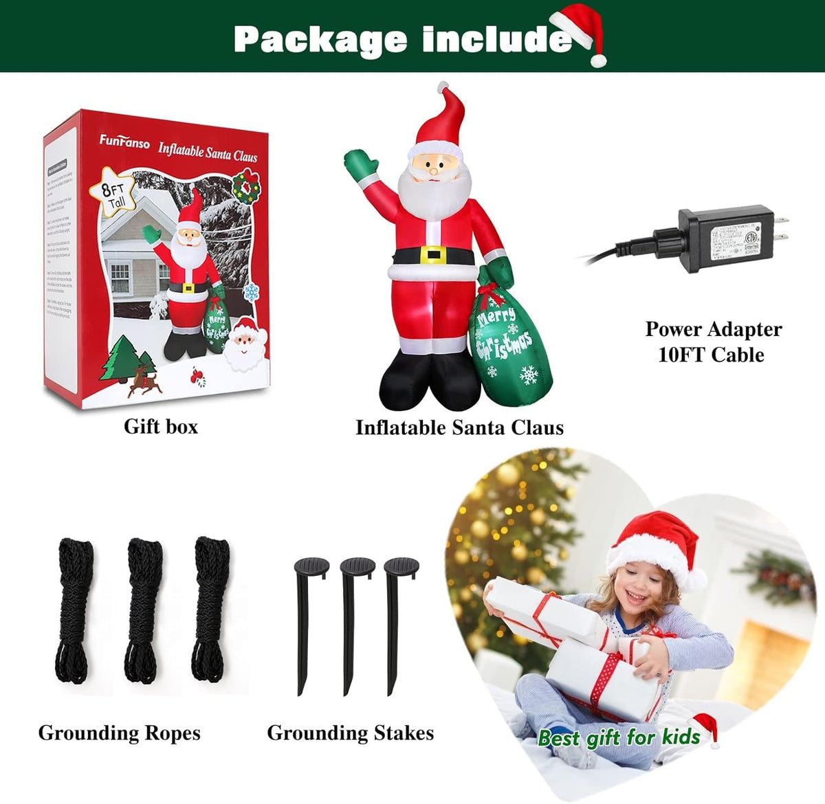 8 FT Christmas Inflatable Santa Claus Outdoor Decors for Yard, Xmas Blow up Santa Decoration with Big Gift Bag, Built-in LED Lights for Garden Patio Lawn Home Indoor Outside Winter Holiday Party