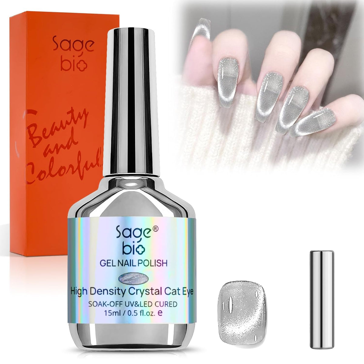 Cat Eye Gel Nail Polish with Magnet Stick, 15ml Glitter Holographic Nail Polish, Magnetic Effect Gel for Home DIY Manicure Gift, Ethereal Gray