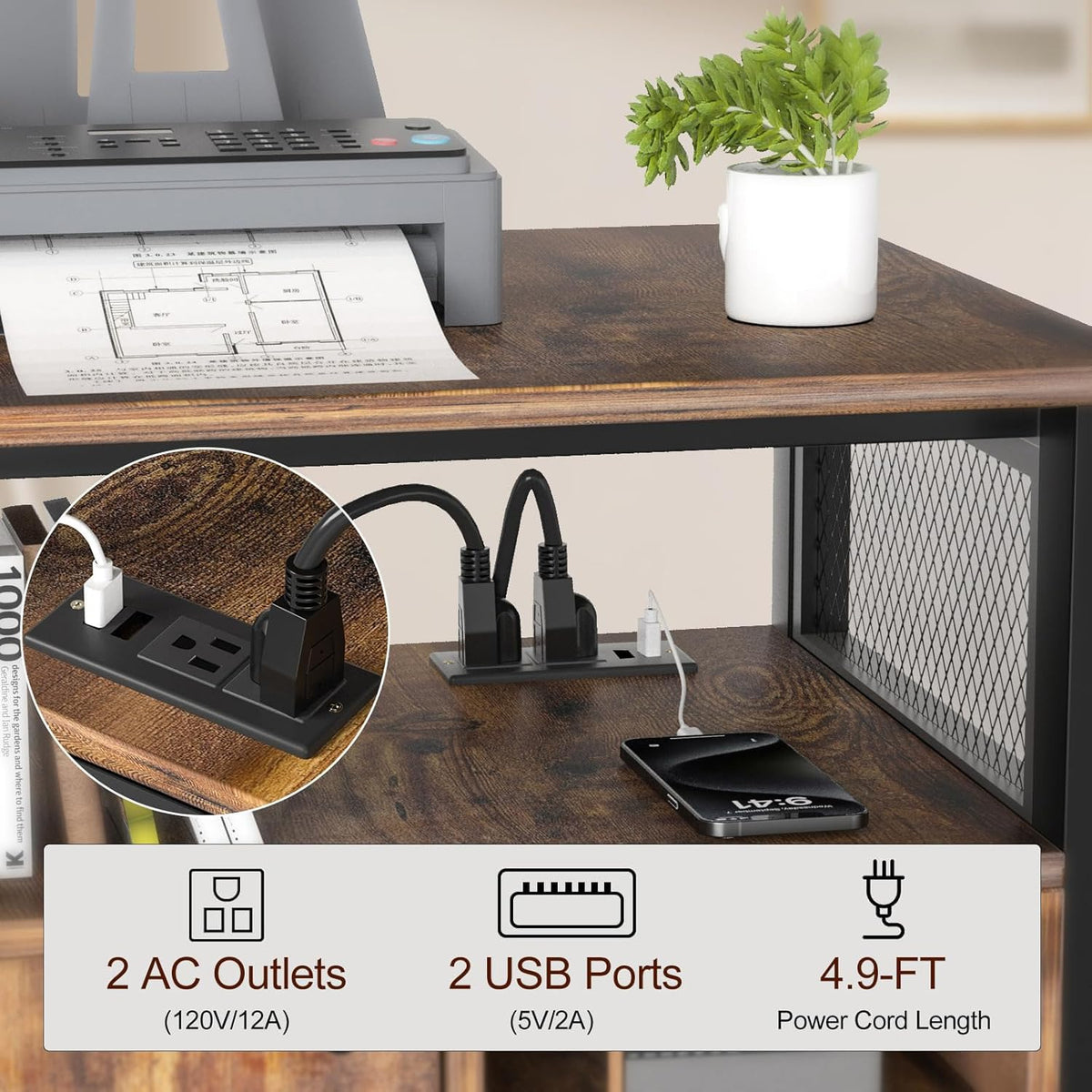 URLINE Lateral File Cabinet, Locking Office Filing Cabinets with Socket and USB Charging Port,printer cart with storage，Modern Rolling Printer Stand with Storage for Printer Scanner Fax，Brown
