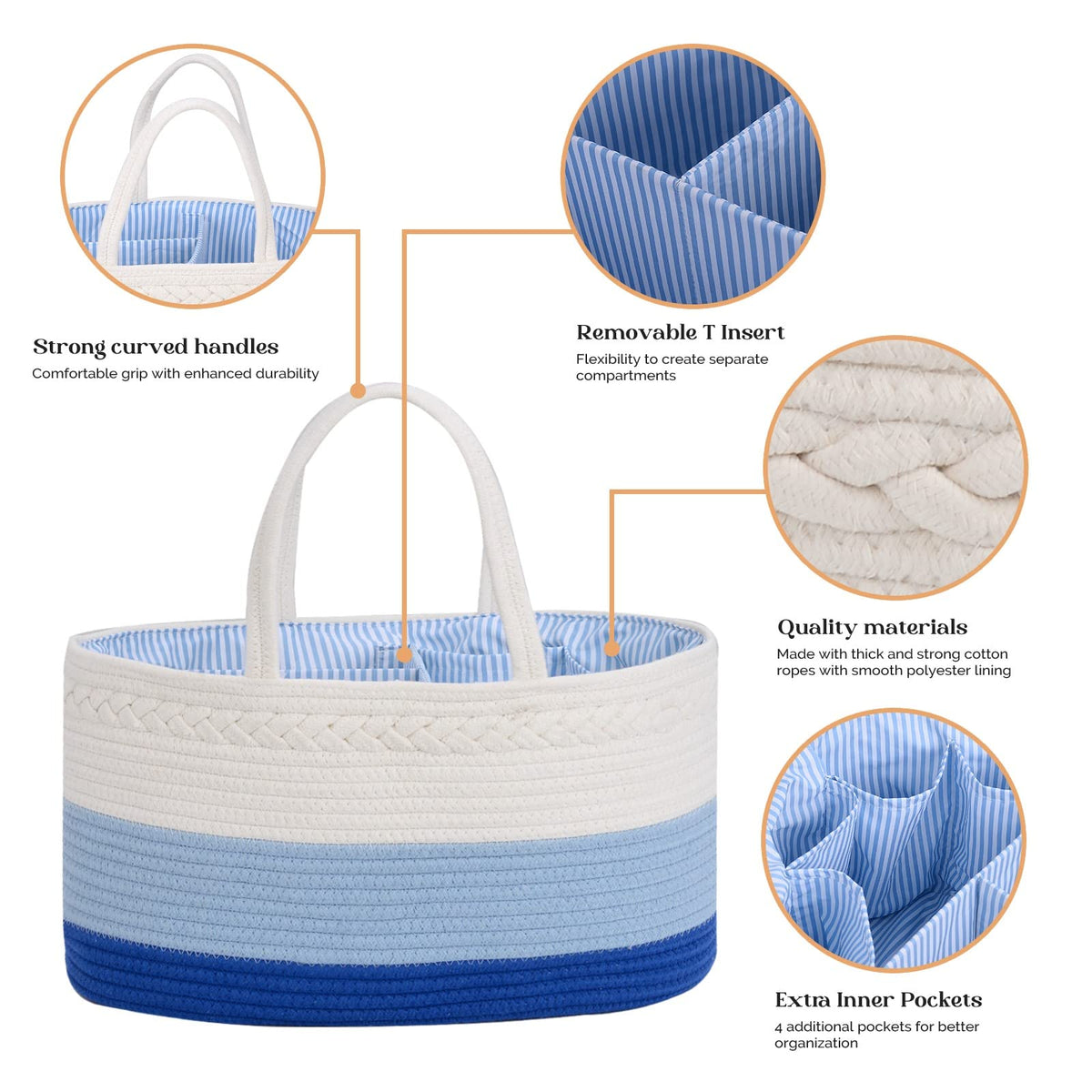 Baby Diaper Caddy Organizer, Extra Large Cotton Rope Nursery Diaper Basket, Changing Table Organizer, Portable Tote Bag with Divider, Car Storage, Baby Shower Gifts for Newborn Boys - Blue