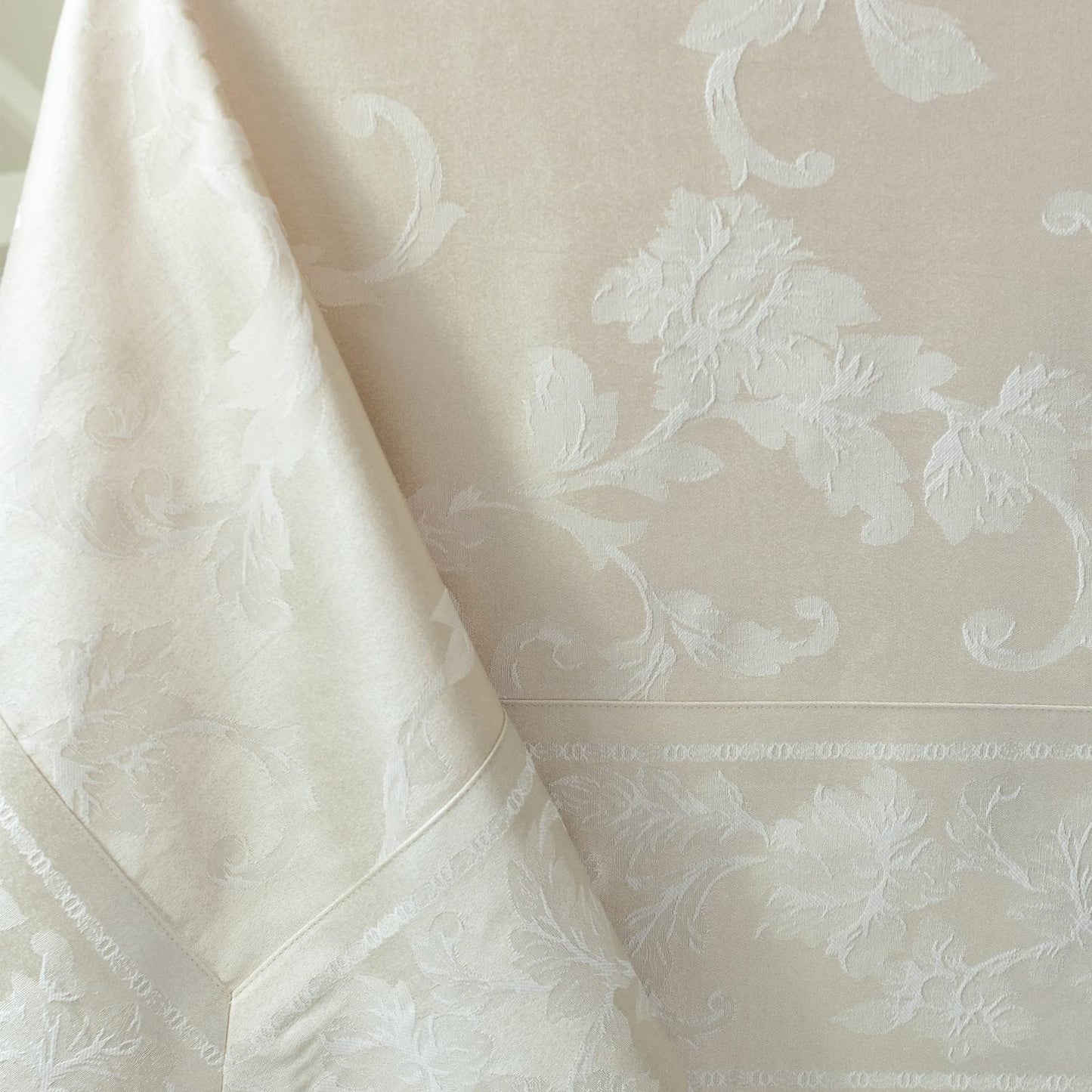 Benson Mills Harmony Scroll Woven Damask Fabric Tablecloth, Everyday, Parties, Special Occasions, Weddings and Holiday Table Cloth (60" X 84" Rectangular, Birch)