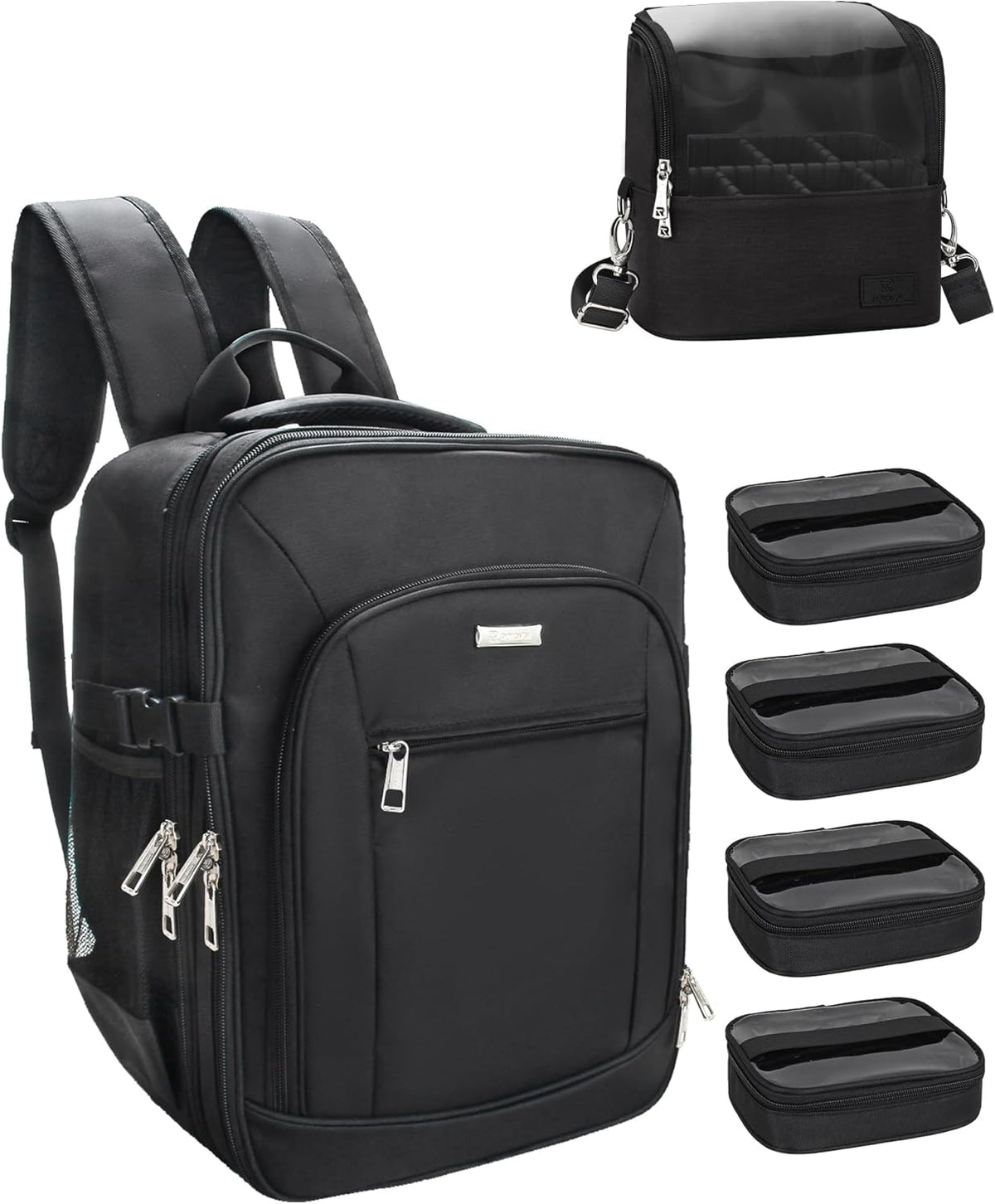Makeup Backpack Makeup Artist Bag Professional Extra Large Cosmetic Bags Travel Train Case Storage Organizer Double-Layer Cosmetic Case with 4 Pouch and Brush Organizer (Black, two piece)