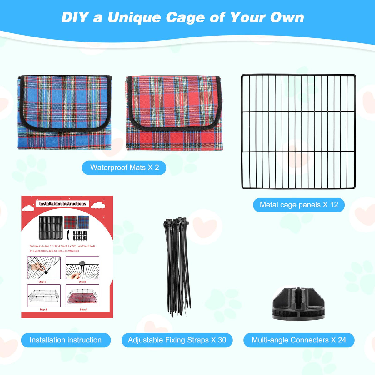 Midollarle Pet Playpen with Mat, Small Animal Cage with Mat, Guinea Pig Cages, Puppy Pen for Indoors with Colorful Mat, 12 Panels Interior Metal Wire Yard Fence