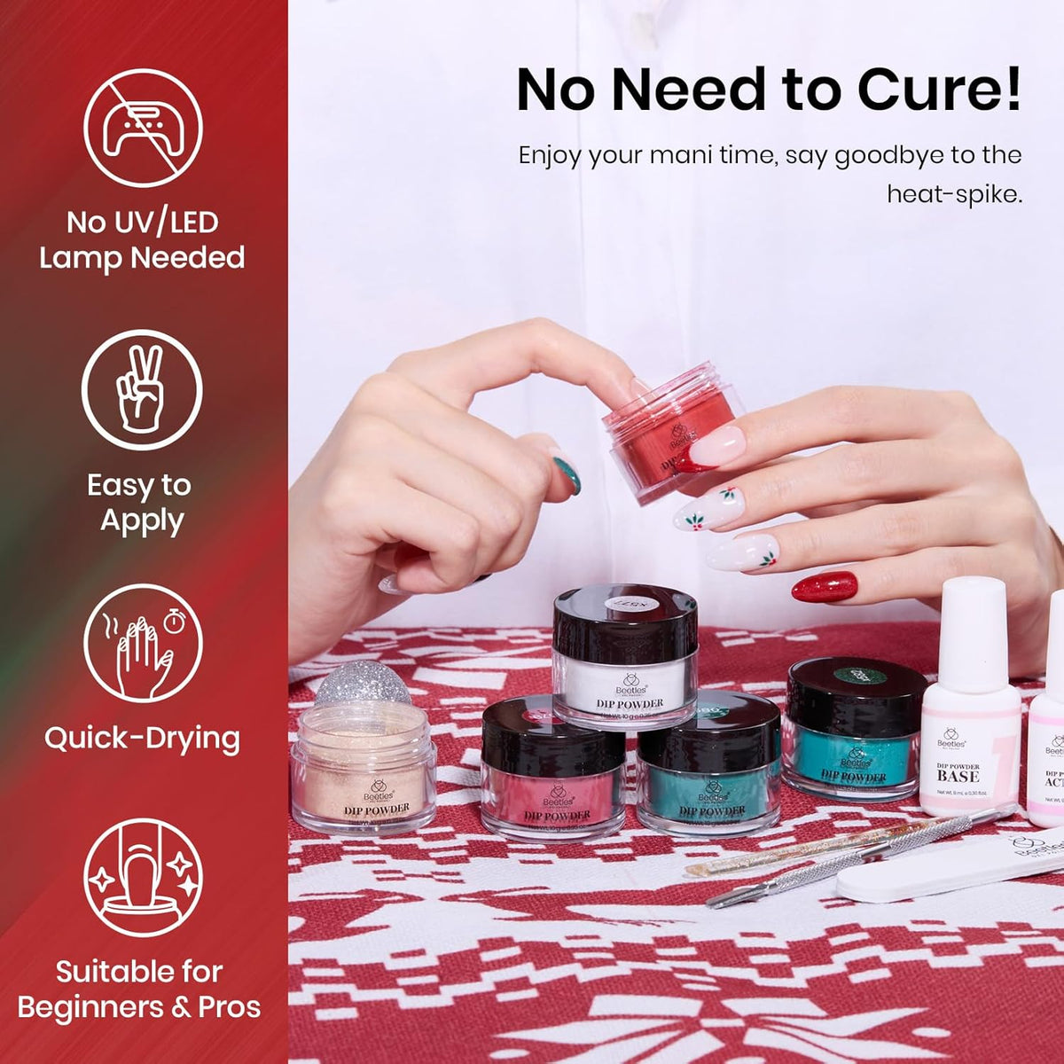 Beetles Christmas Dip Powder Nail Set 6 Colors Red Green Glitter Silver Gold Dipping Powder Starter Kit Manicure DIY Salon for Women No Nail Lamp Needed Glossy Xmas Party