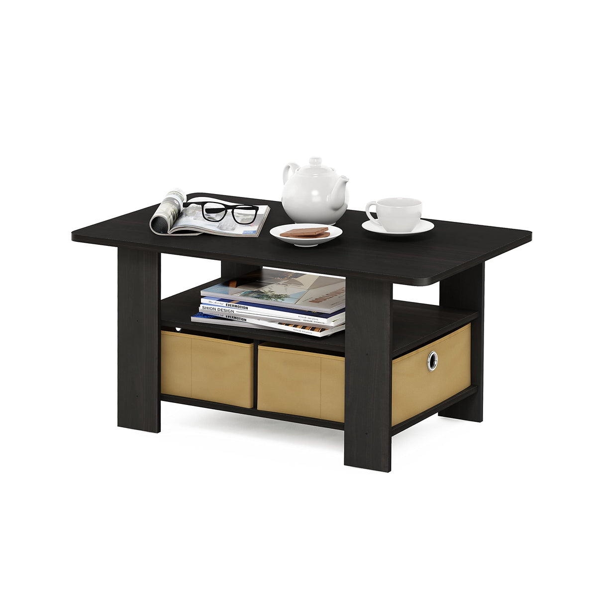 Furinno Andrey Coffee Table with Bin Drawer, Dark Espresso/Brown