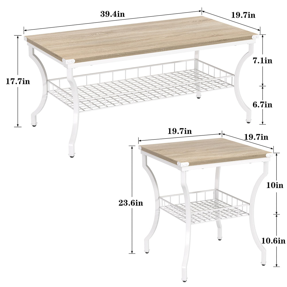 VECELO 3 Pieces Living Room Table Sets, Coffee and End Tables with Open Storage Shelves for Apartment, Home Office, Small Space, Easy Assembly, White Oak