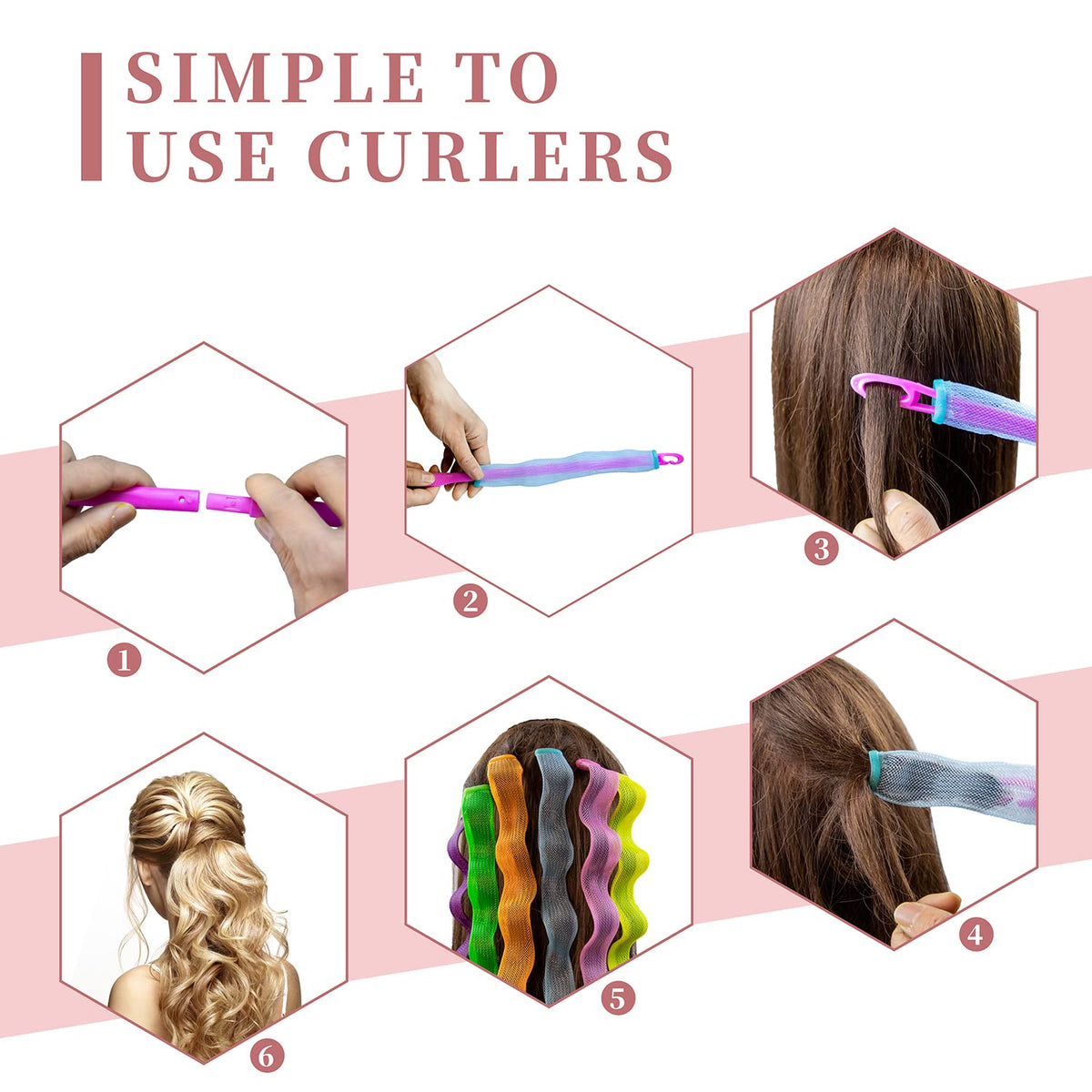 30pcs Heatless Curlers Rollers for Wavy Curls, No Heat Spiral Curlers Kit with Styling Hooks for Long Hair (25.5 Inch/65 cm)