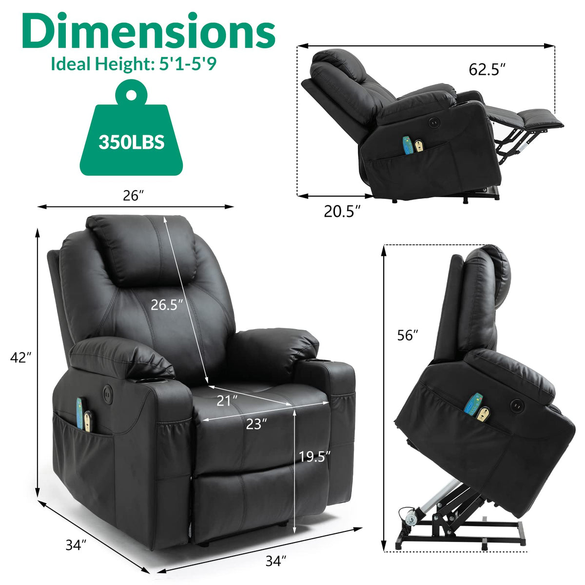 VIVIJASON Power Lift Chair Electric Recliner for Elderly Heated Vibration Massage Faux Leather Recliner Chair with 2 Remote Controls, Cup Holders, Side Pockets & USB Ports for Living Room (Black)