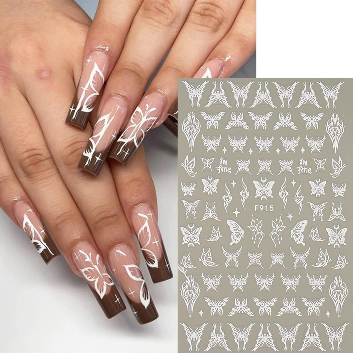 7 Sheets White Nail Art Stickers Butterfly Snake 3D Self-Adhesive Nail Decals Summer Stars Sun Line Designs Nail Decorations Moon Leaf Rose Nail Accessories for Women Girls DIY Manicure Supplies