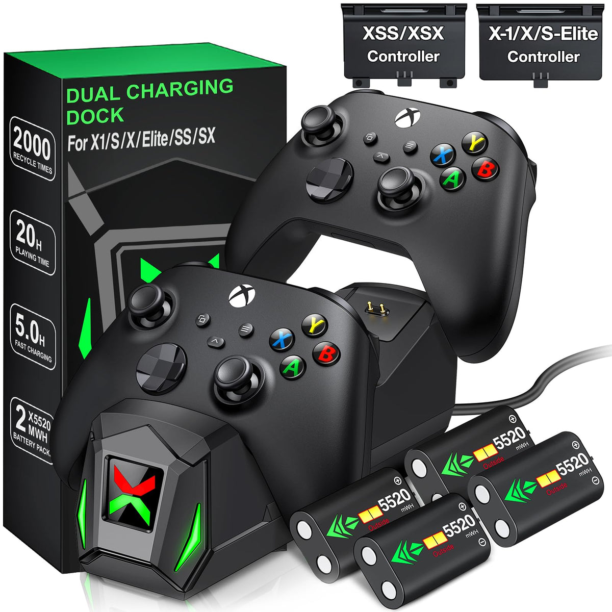 Upgraded Controller Charger Station with 2x5520mWh Rechargeable Battery Packs for Xbox One/Series X|S, Dual Charging Dock for Xbox One Battery Pack (Controller not Included)