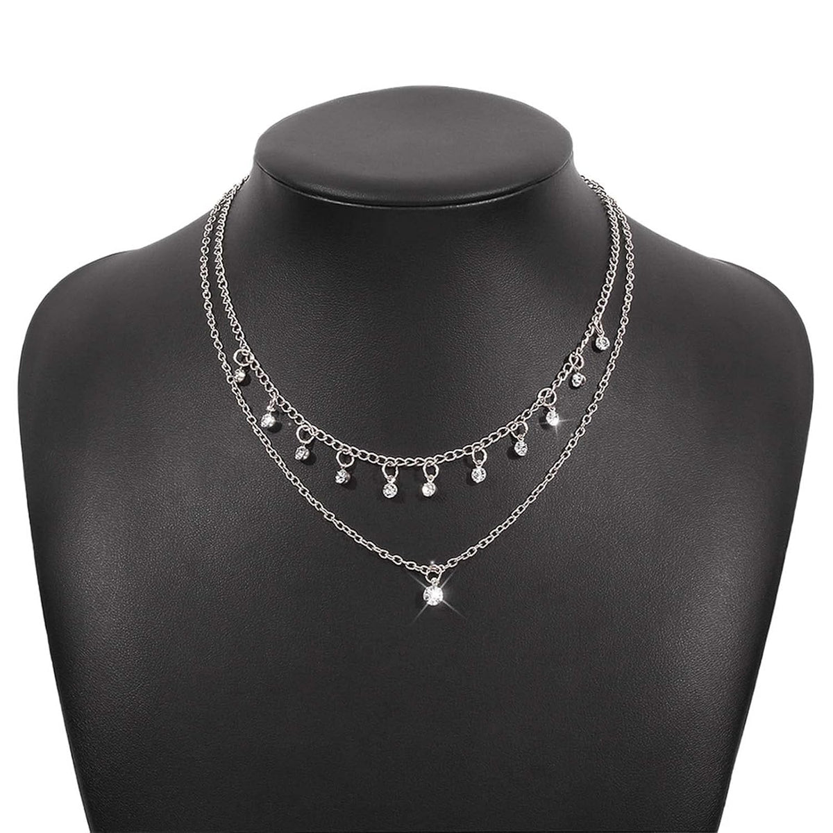 Boho Layered Silver Choker Necklace Crystal Pendant Necklace Rhinestone Tassel Choker Necklace Sparkly CZ Dangle Necklace Chain Jewelry for Women and Girls (Silver)