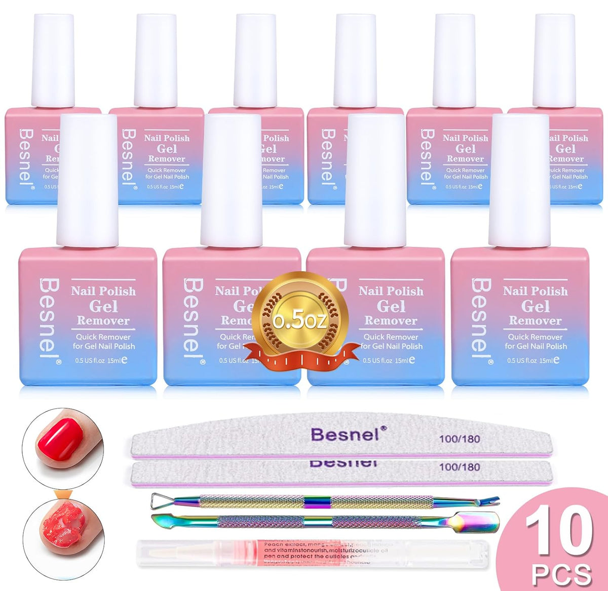 Gel Nail Polish Remover 10 Pack Professional Gel Polish Remover Non-Irritating Quick Easy, Nail Polish Gel Remover Tools Kit Nail File Cuticle Pusher File Grit, No Need For Foil Soaking Or Wrapping