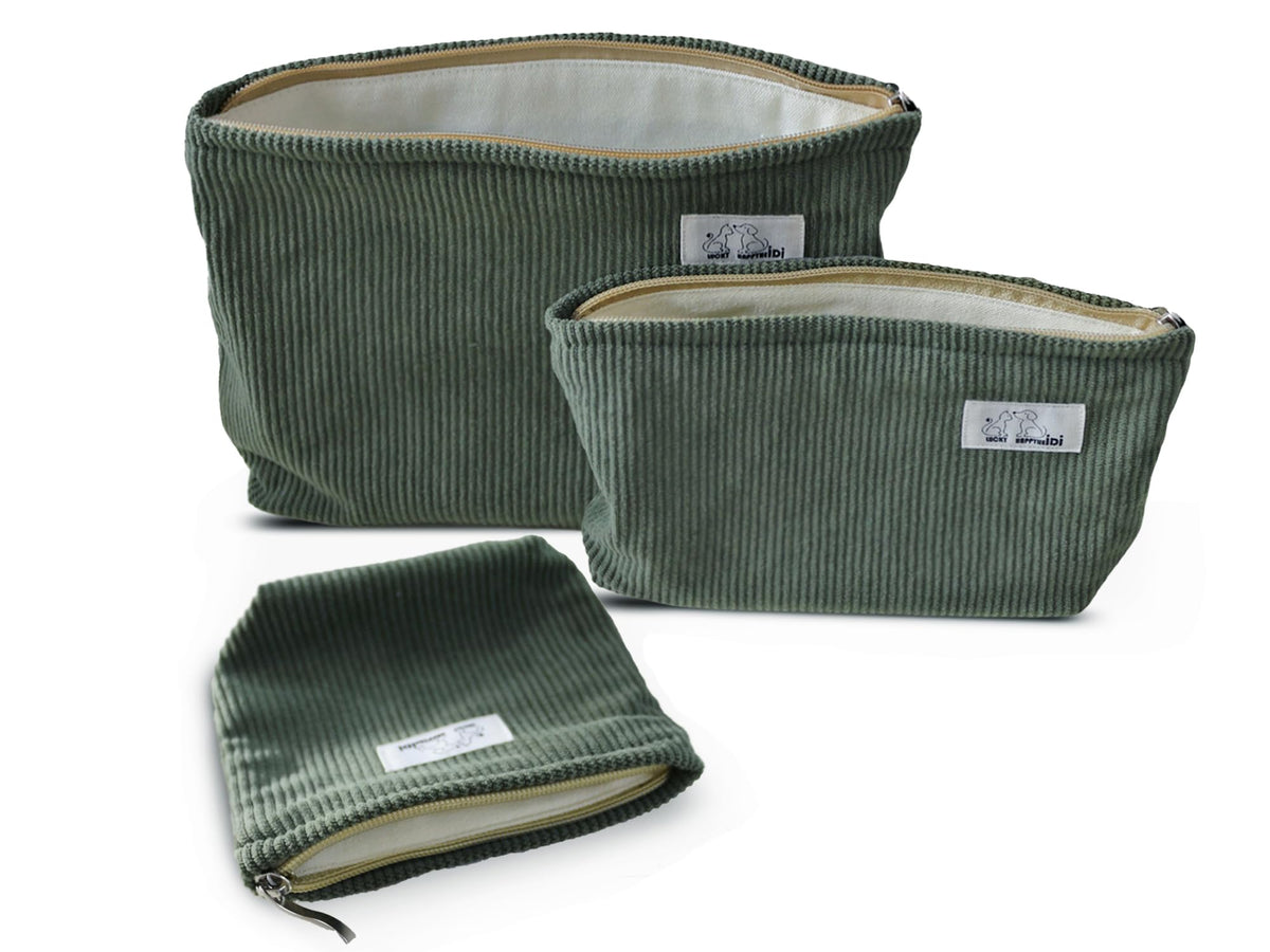 HAPPYHEIDI Makeup Bag Set 3 Cosmetic Toiletry Travel Pouch Organizer for Purse Tote, Women Girls Gift, Large Medium Small, Soft Corduroy, Solid Sage Green