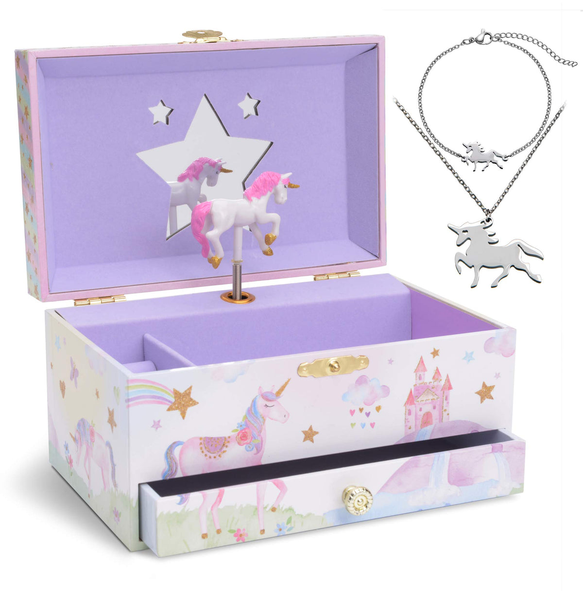 Jewelkeeper Jewelry Box for Girls with Drawer - Spinning Unicorn Doll to The Beautiful Dreamer Tune Music Box - Little Girls' Jewelry Set Includes Unicorn Bracelet and Necklace - 5Dx7Wx4H Inches