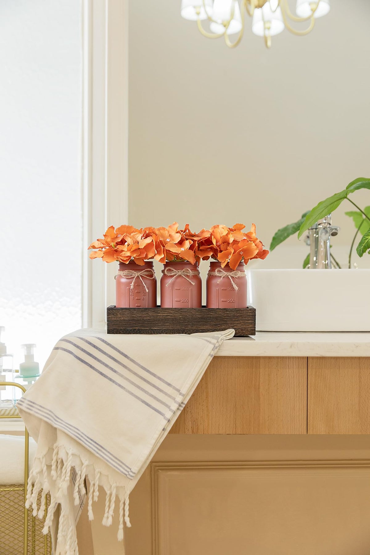 Mkono Mason Jar Centerpiece Table Decor For Dining Room Farmhouse Wood Tray With 3 Painted Jars Flowers Summer Decoration For Coffee Table Kitchen Living Room Wedding